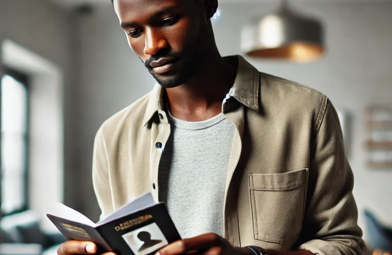 DALL·E 2024-12-18 16.47.39 - An African man holding and reading his identification documents. He has a focused expression and is standing in a bright and modern room, dressed in c