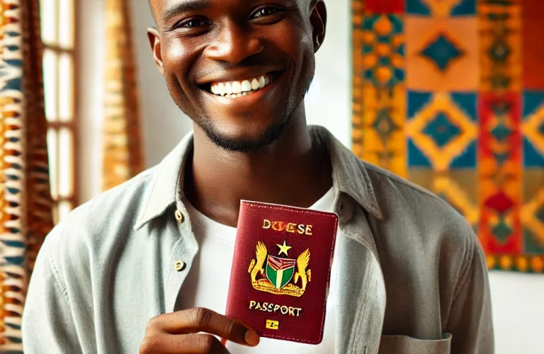 DALL·E 2024-12-18 16.50.32 - A smiling Togolese man proudly holding and showing his passport. The man has a joyful expression, standing in a bright and simple room with cultural h