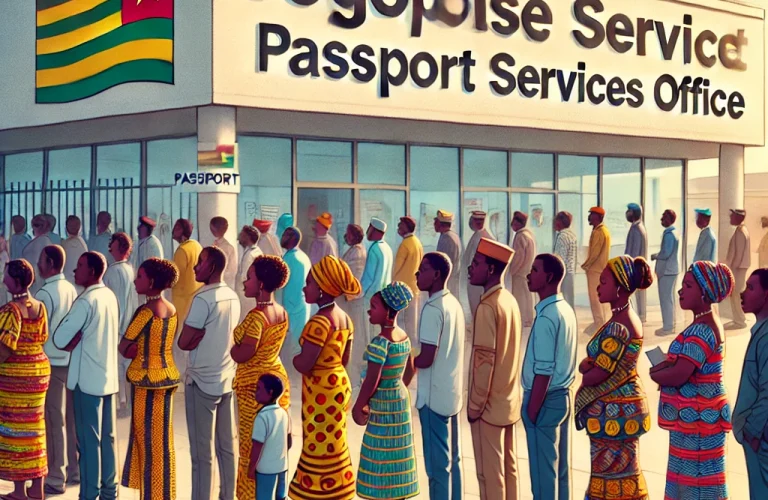 DALL·E 2024-12-18 16.59.38 - A group of Togolese people standing in a queue outside a building that represents the Togolese passport services office. The people are diverse in app